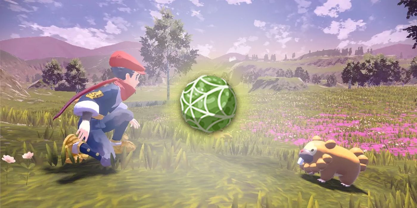 Uma imagem de um Sticky Glob em Pokémon Legends Arceus sobreposto a um jogador ajoelhado ao lado de Bidoof
