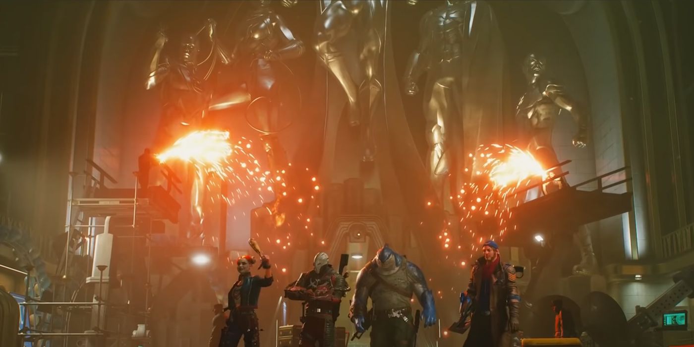 Suicide Squad KTJL's Task Force X in the Hall Of Justice with statues of the Justice League behind them.
