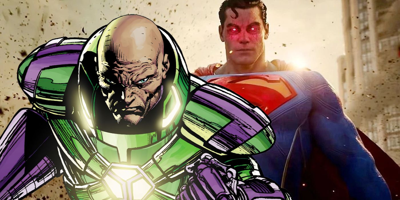 Lex Luthor in his power armor from the comics pasted in front of an image of a mind-controlled Superman from Suicide Squad: Kill the Justice League.