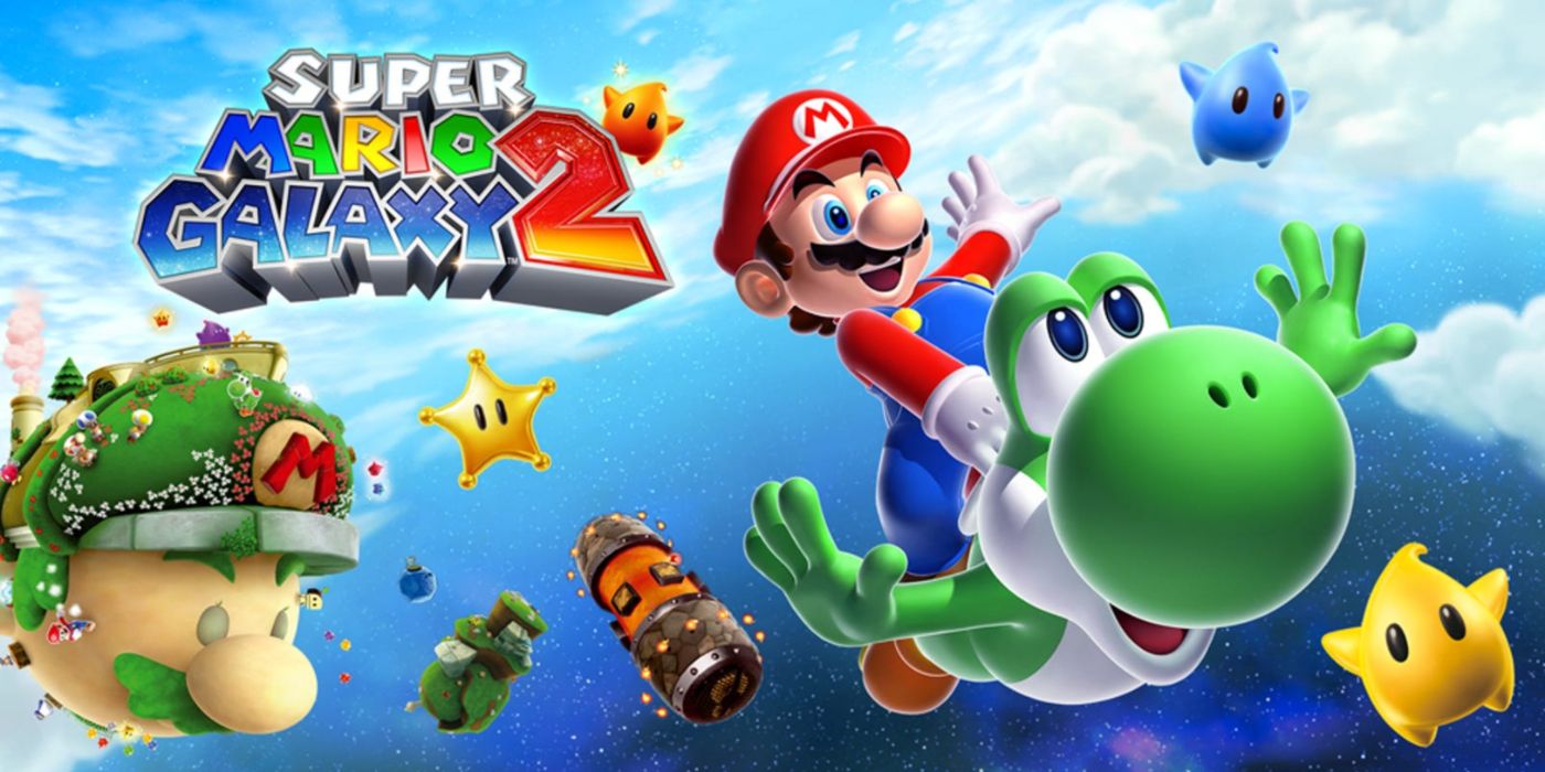 Key art from Super Mario Galaxy 2 showing Mario flying through space with Yoshi.