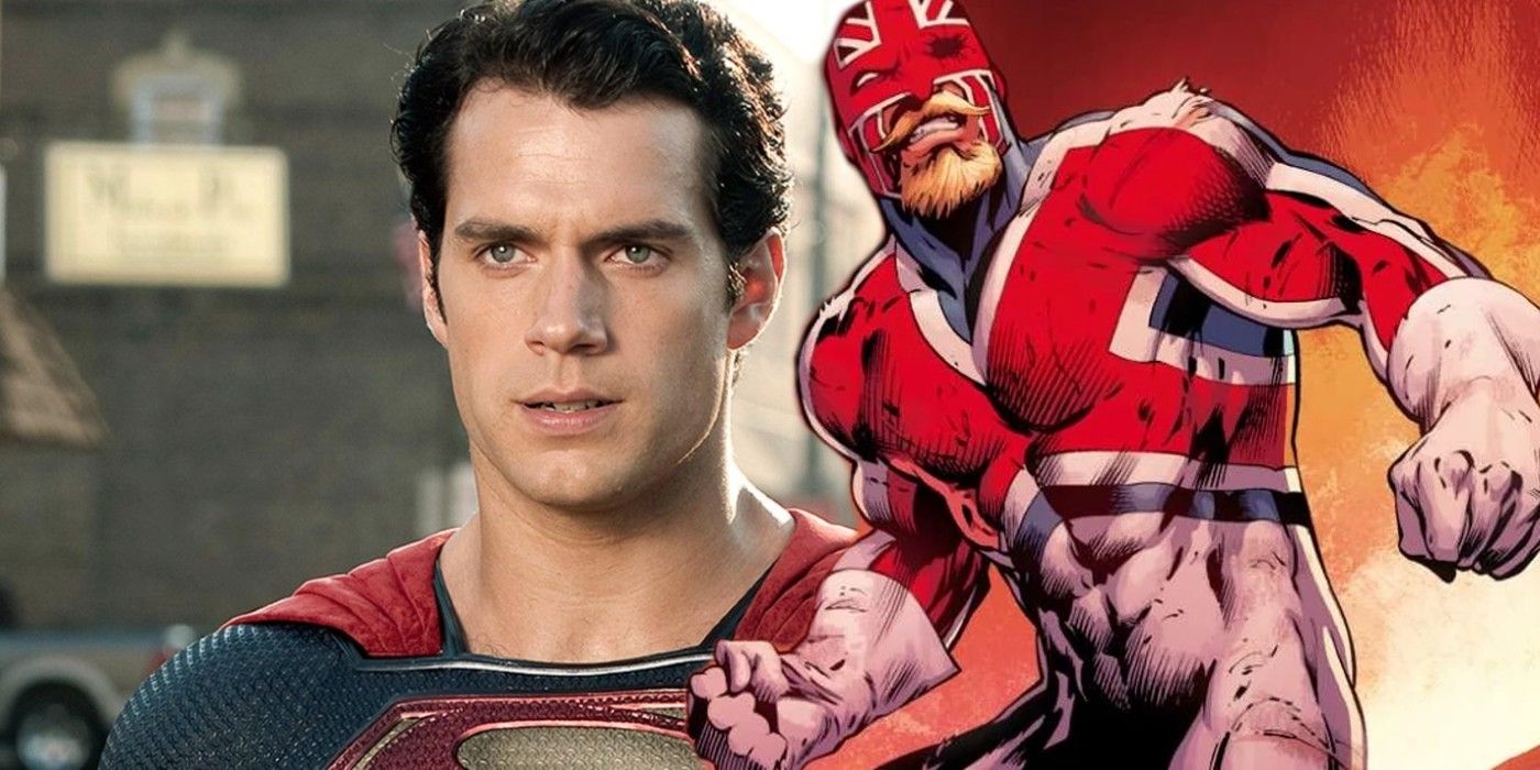 Henry Cavill's superman and Marvel comic art of Captain Britain.