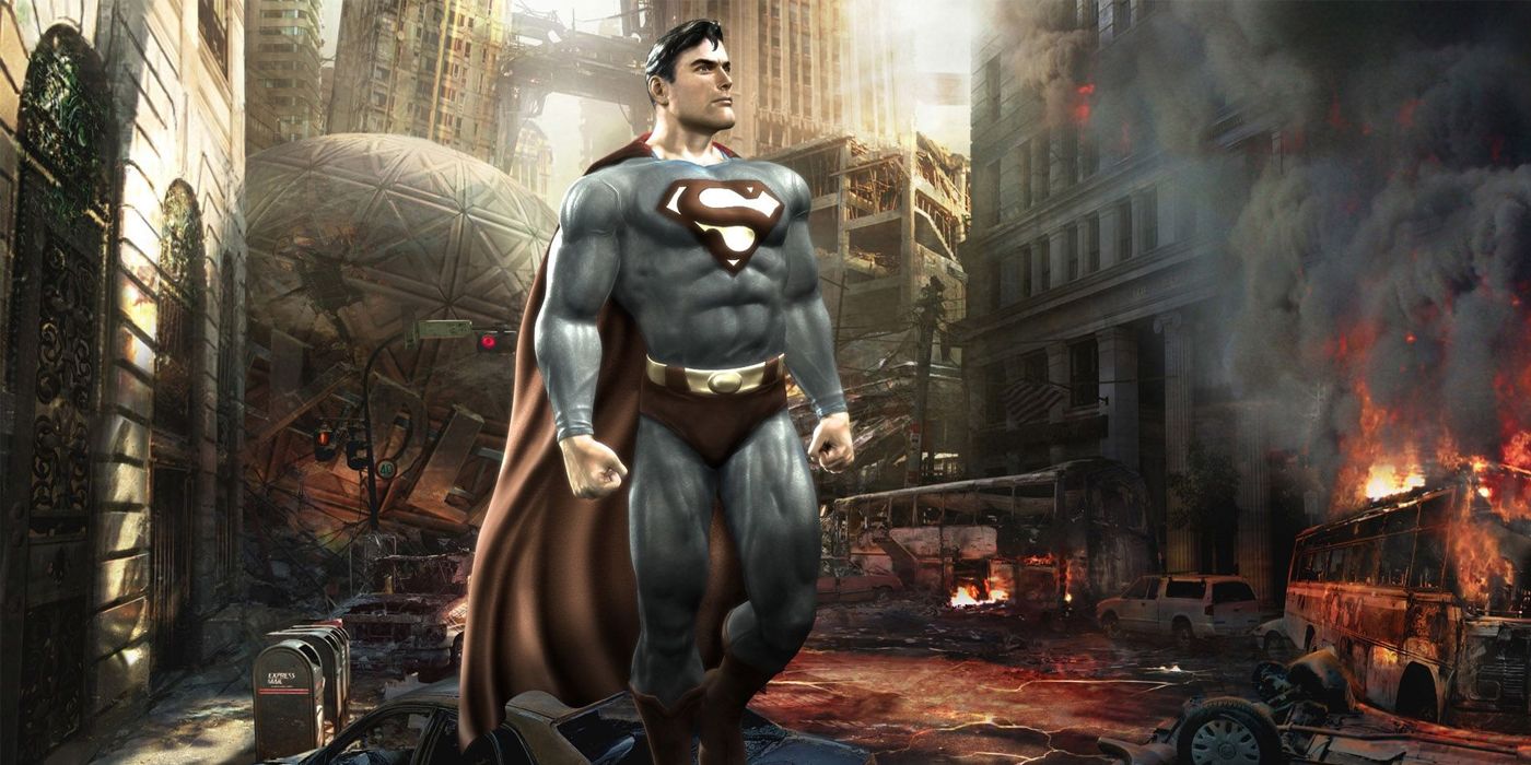 Superman stands among the ruins of his city Metropolis