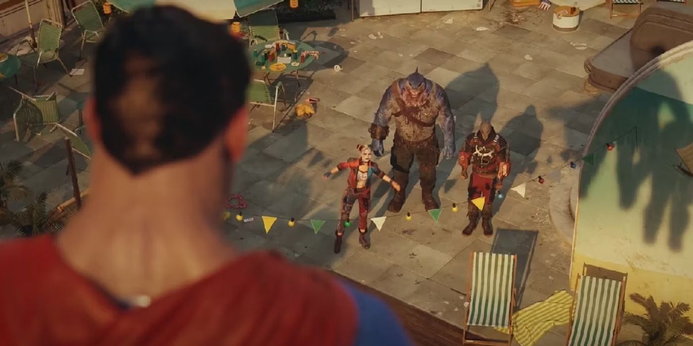 An image looking over the should of Superman as he hovers above Task Force X in Suicide Squad: KTJL's reveal trailer.