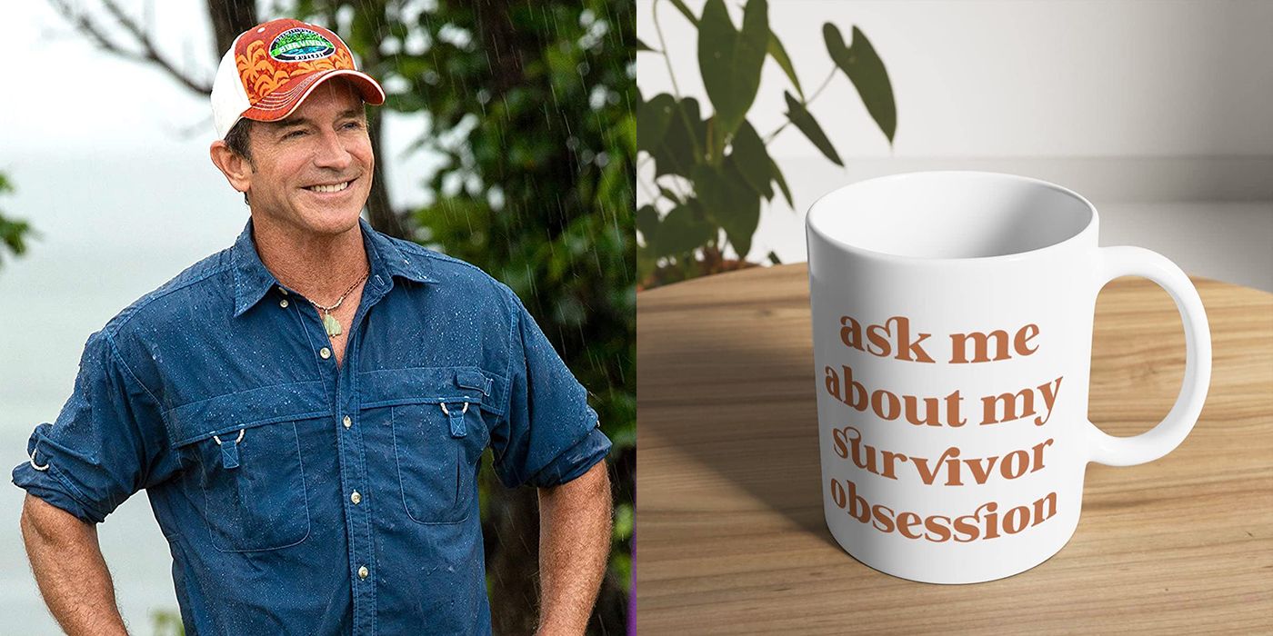 Split image of Jeff Probst from Survivor and a Survivor coffee mug.