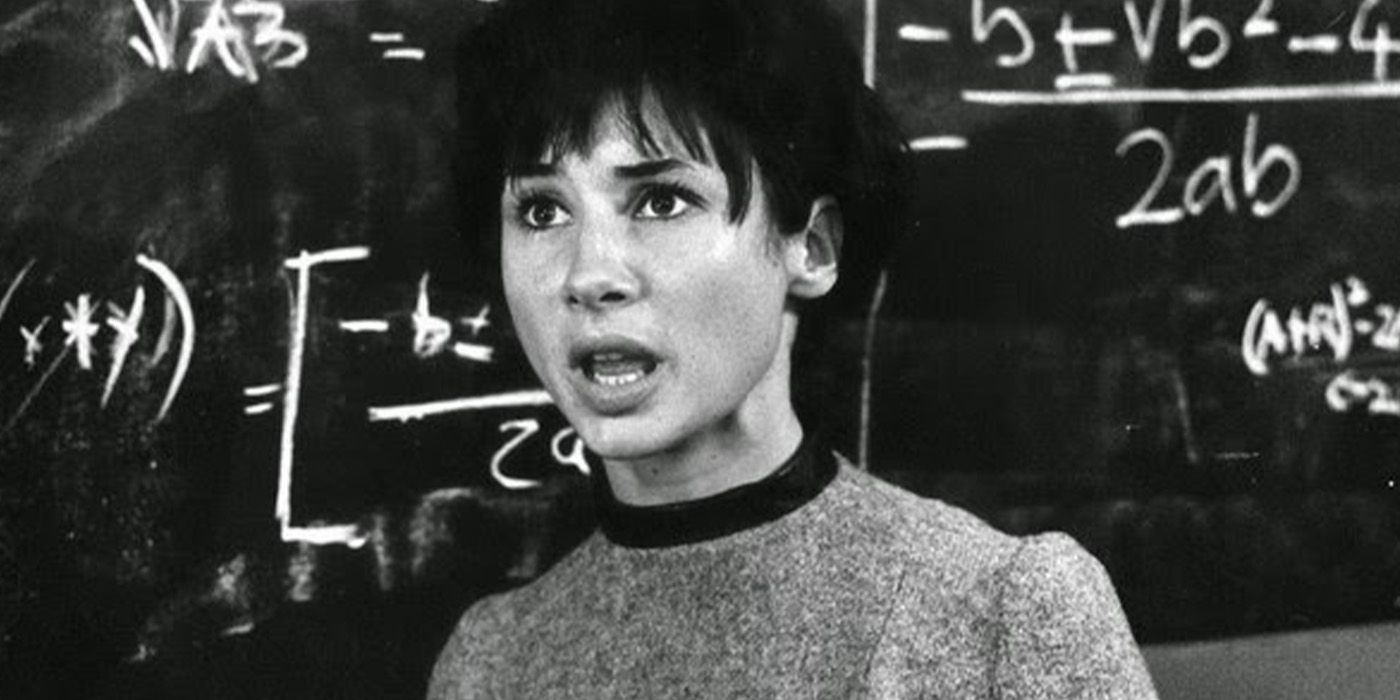 Susan Foreman talking to someone in a classroom in Doctor Who