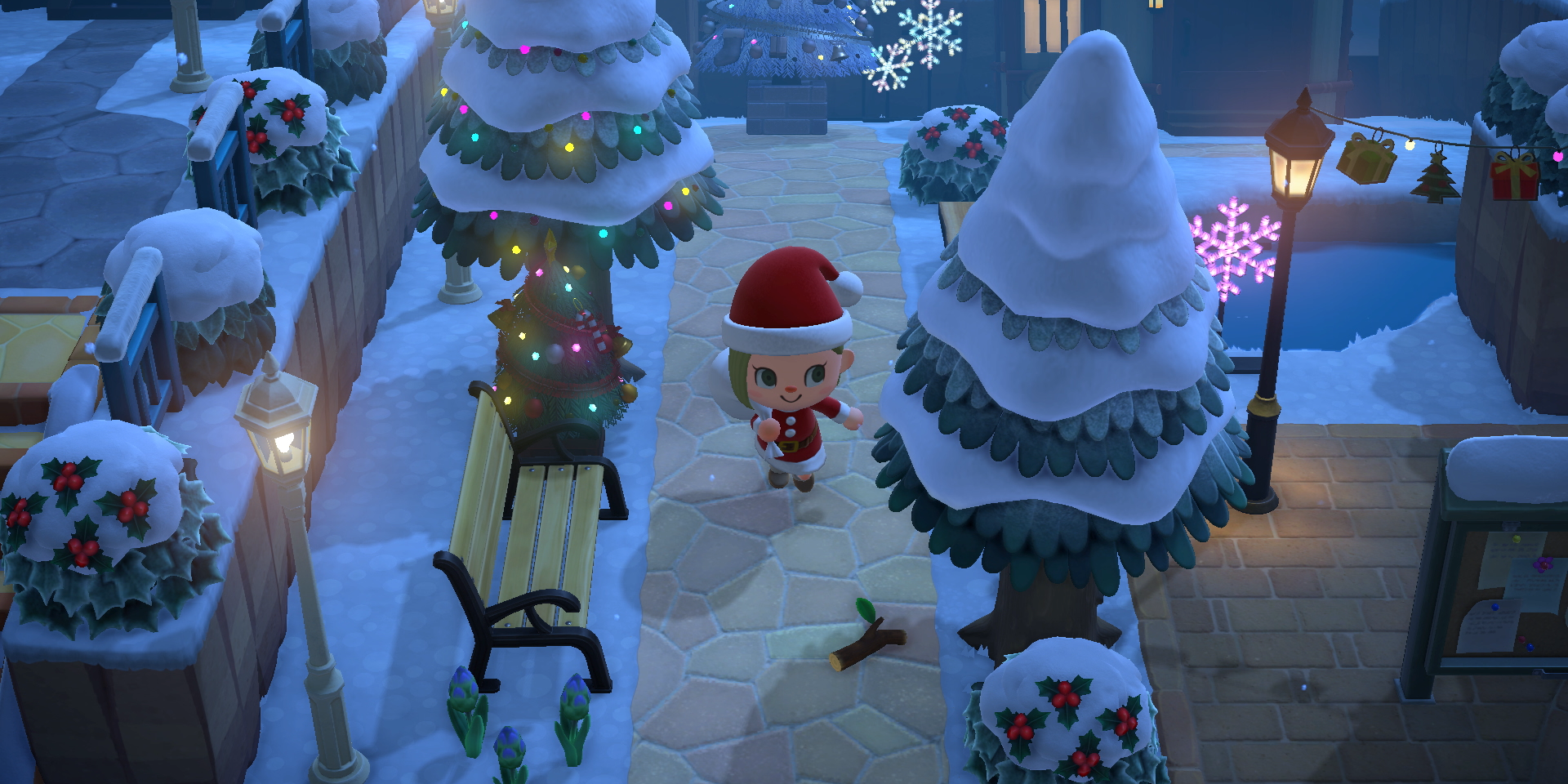 Personagem de Animal Crossing New Horizons em traje de Natal caminhando pela vila nevada