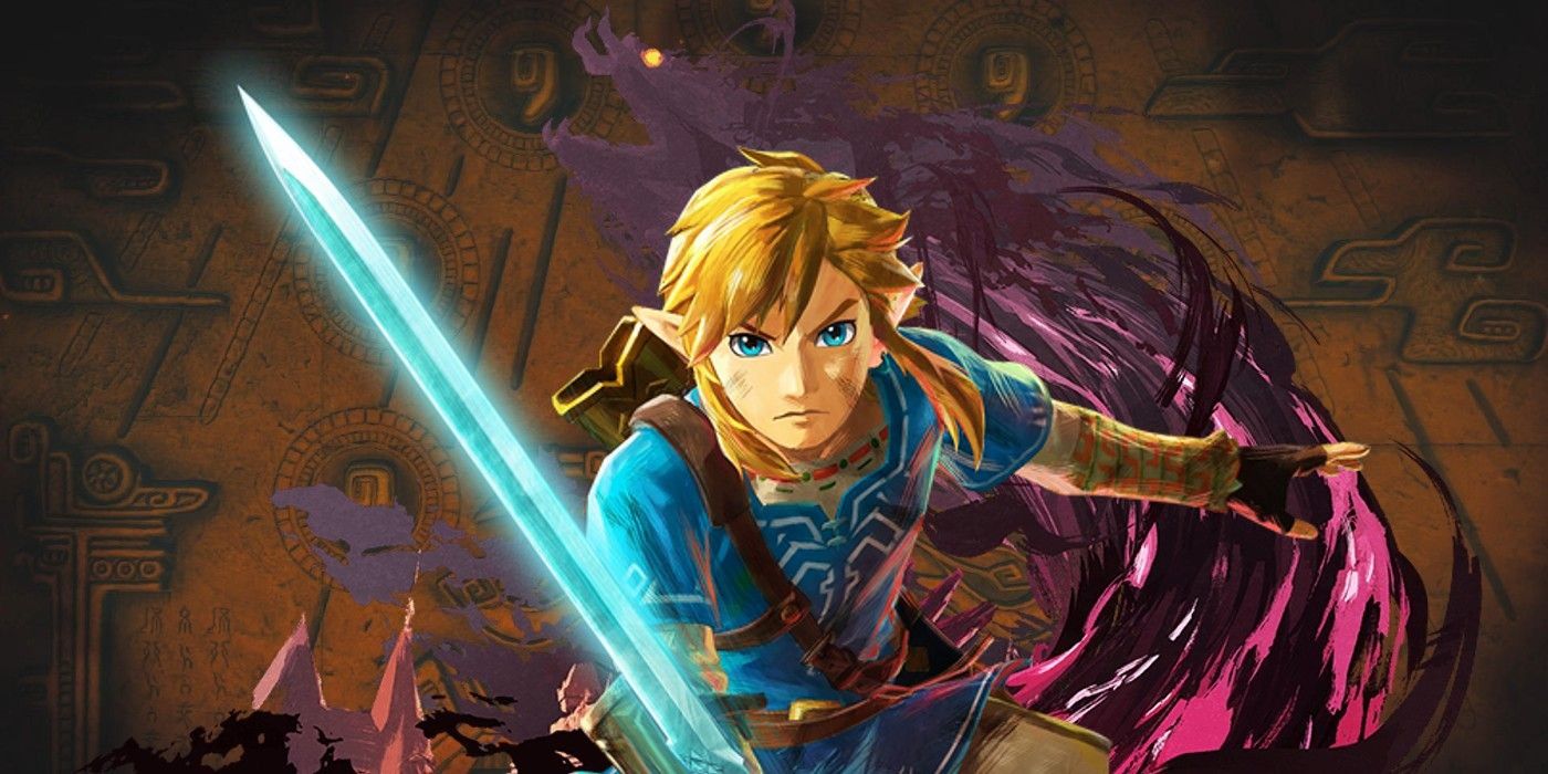 Link from Breath of the Wild in front of Calamity Ganon, in front of runes.