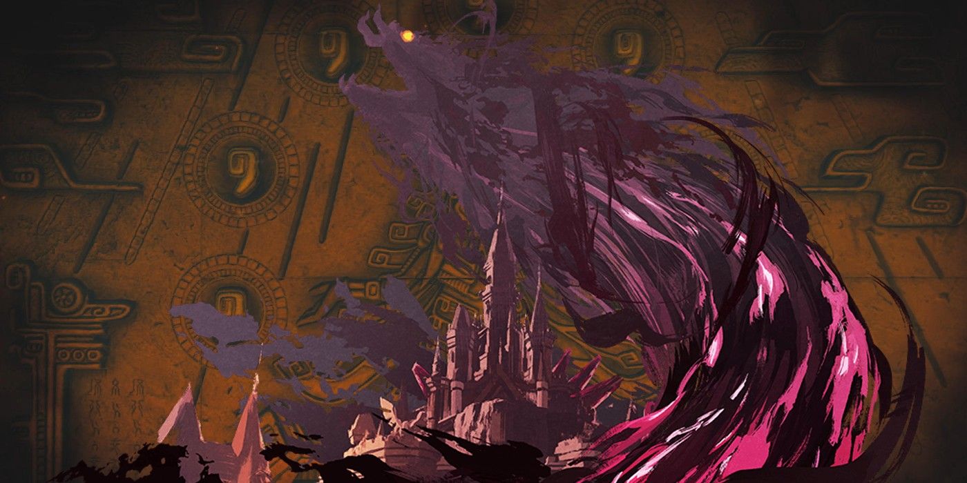 Calamity Ganon artwork surrounding Hyrule Castle from Breath of the Wild in front of a screenshot from the Tears of the Kingdom trailer, showing a stone relief of what appears to be Hylia surrounded by four unidentified symbols.