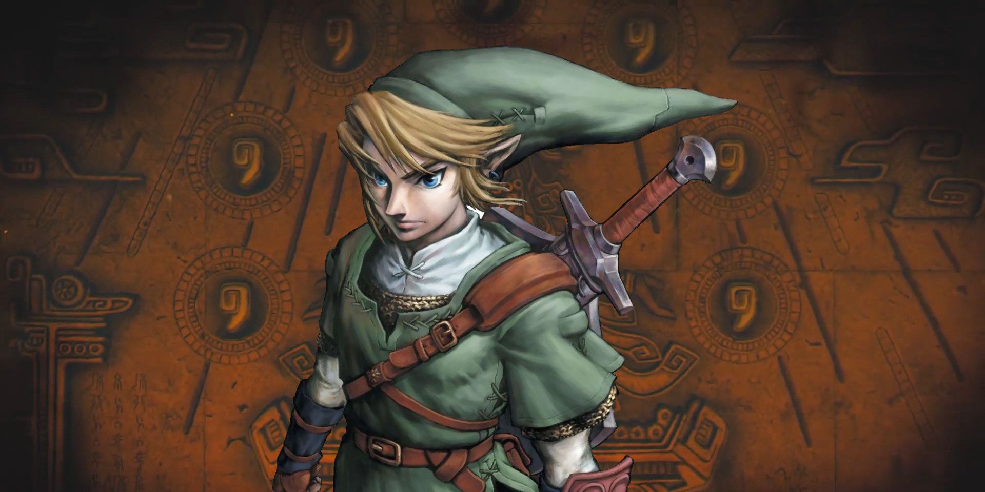 A mural from a trailer for Legend of Zelda Tears of the Kingdom with Twilight Princess's link in front of it