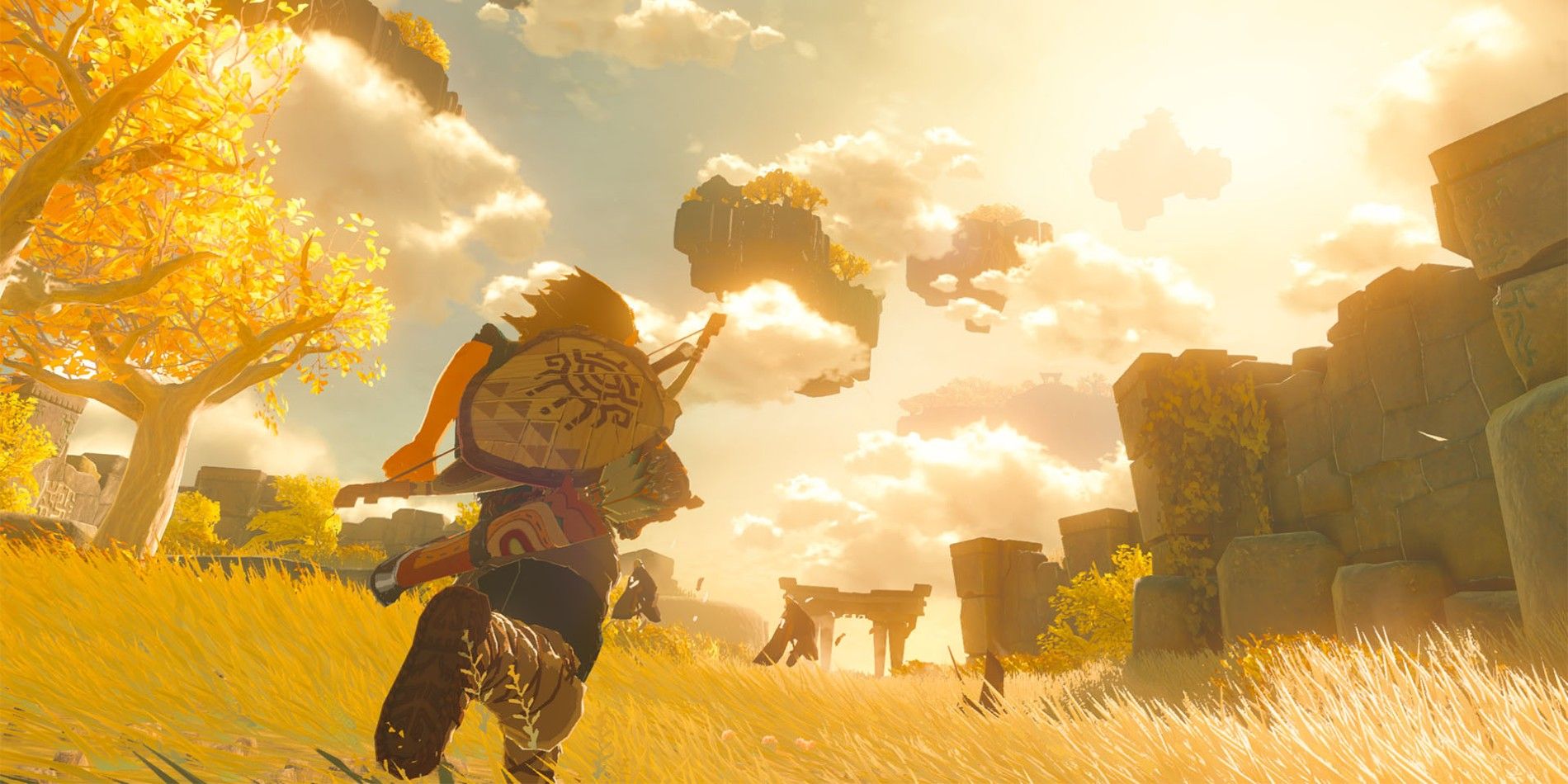 Link correndo em direção a um céu ensolarado em The Legend of Zelda: Tears of the Kingdom.