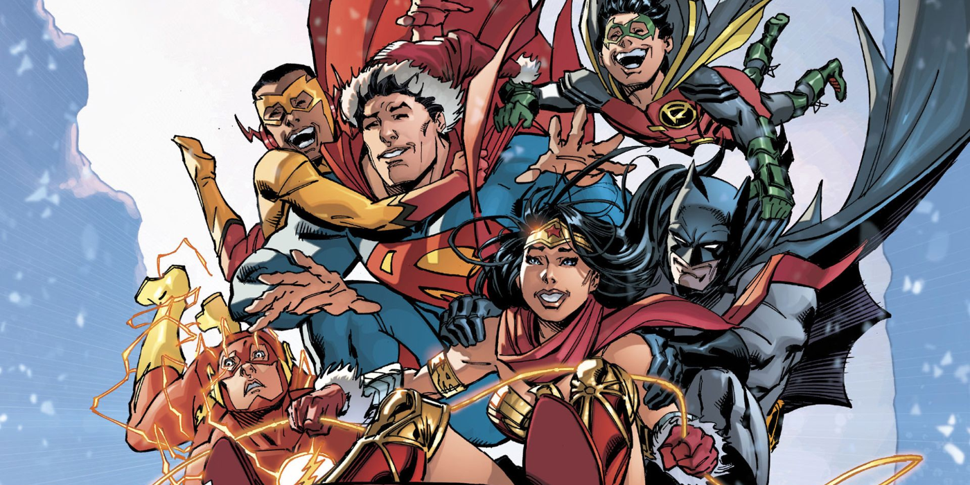 Superman, Wonder Woman, The Flash et Batman sur un traîneau