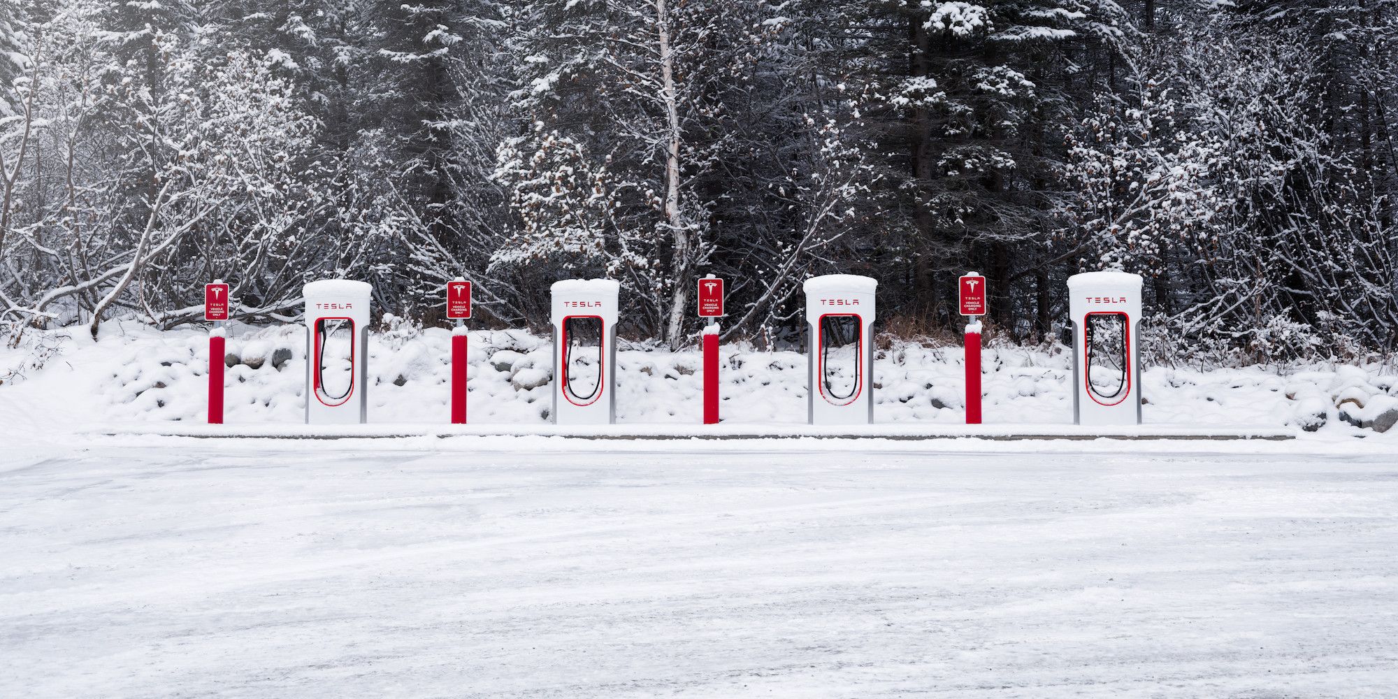 A row of Tesla Superchargers in the snow