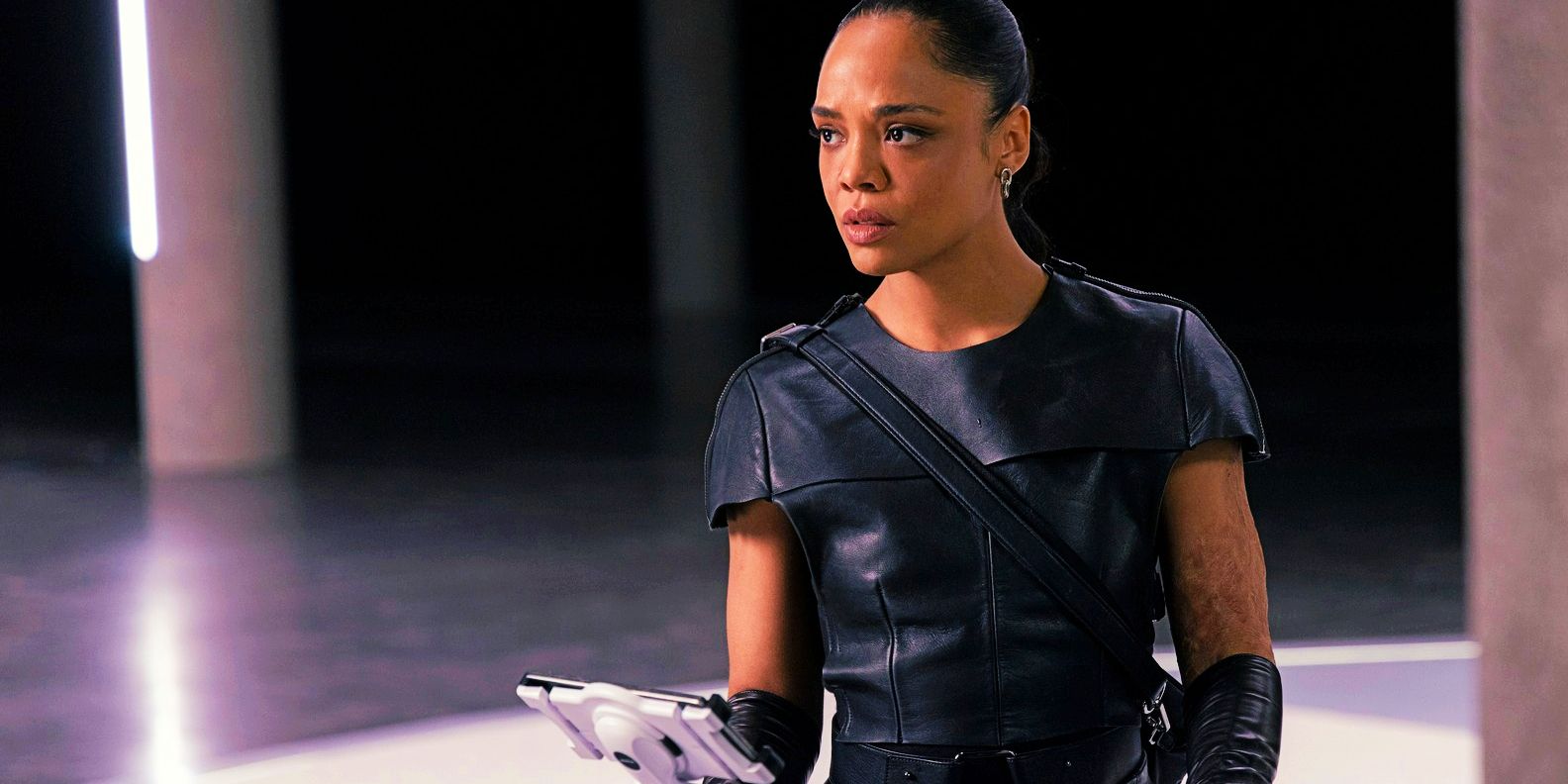 Tessa Thompson as Charlotte Hale looking worried in Westworld season 4