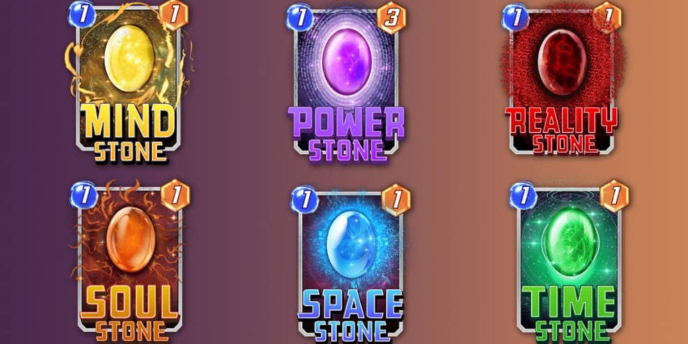 Marvel Snap todas as Infinity Stones com diferentes habilidades cada, com Power Stone ligada a Thanos