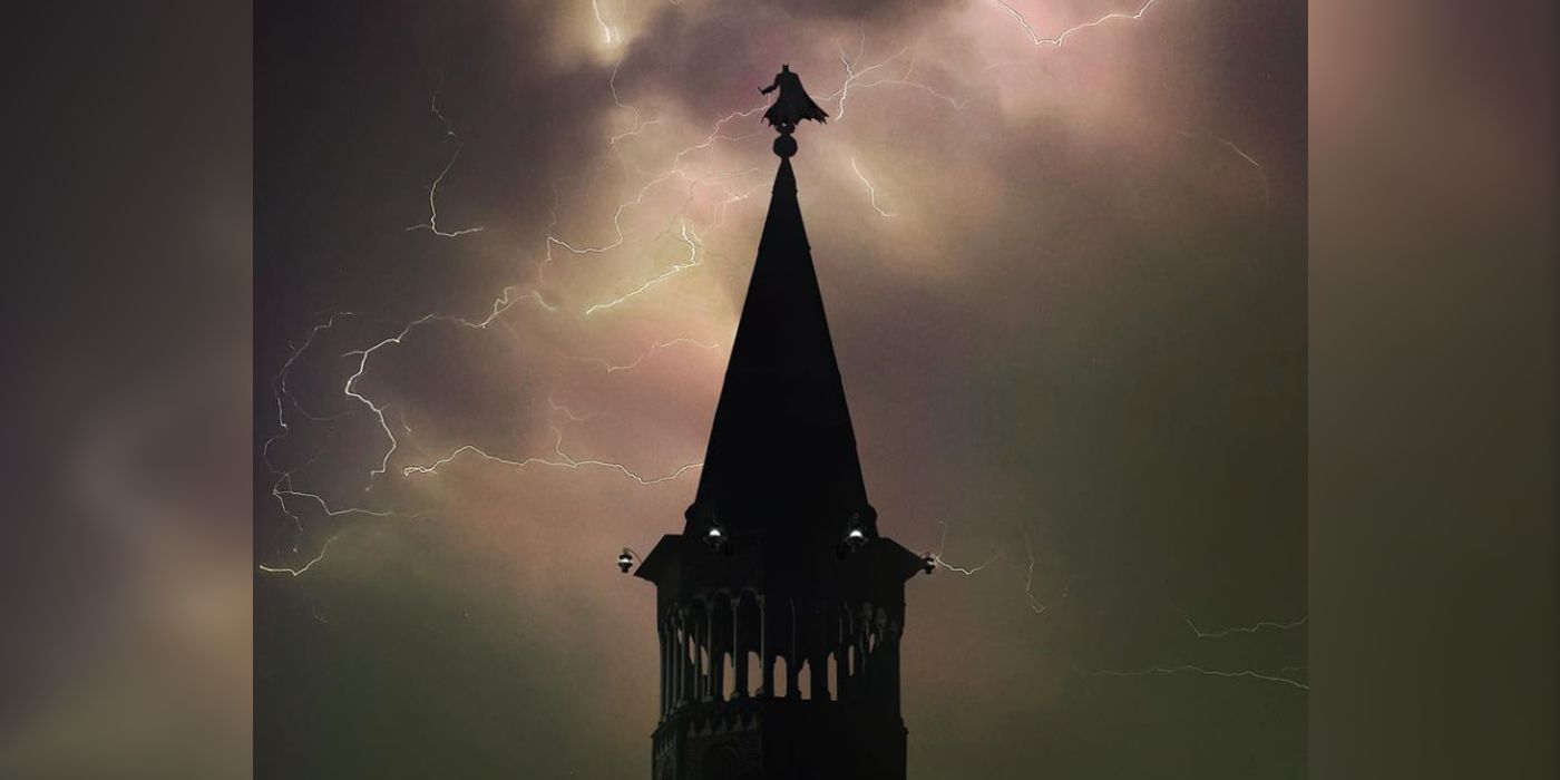 Fan art of Batman perched on a spire that looks like Scarecrow.