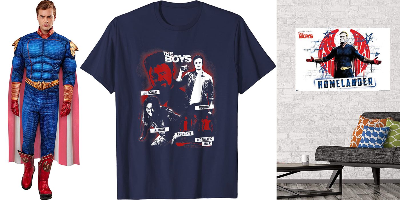 Split image of a Homelander costume, The Boys T-shirt, and Homelander poster.