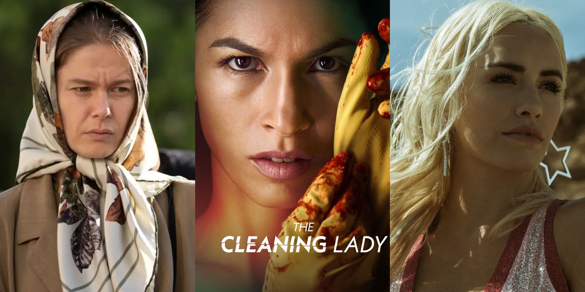 A poster for The Cleaning Lady and two stills from Fatma and Sky Rojo