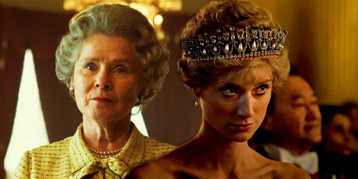 Imagen fusionada de Diana con una corona tímida y la Reina en su habitación en The Crown