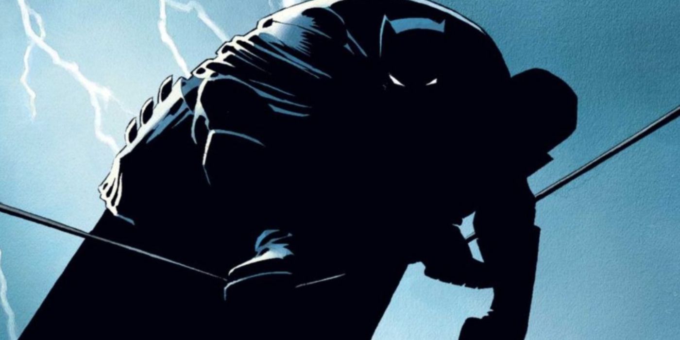 The Dark Knight Returns art of Batman perched on his grapple line.