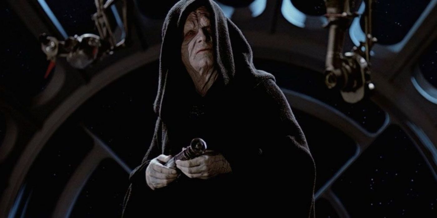 The Emperor holds Luke Skywalker's lightsaber while speaking to him in Return of the Jedi