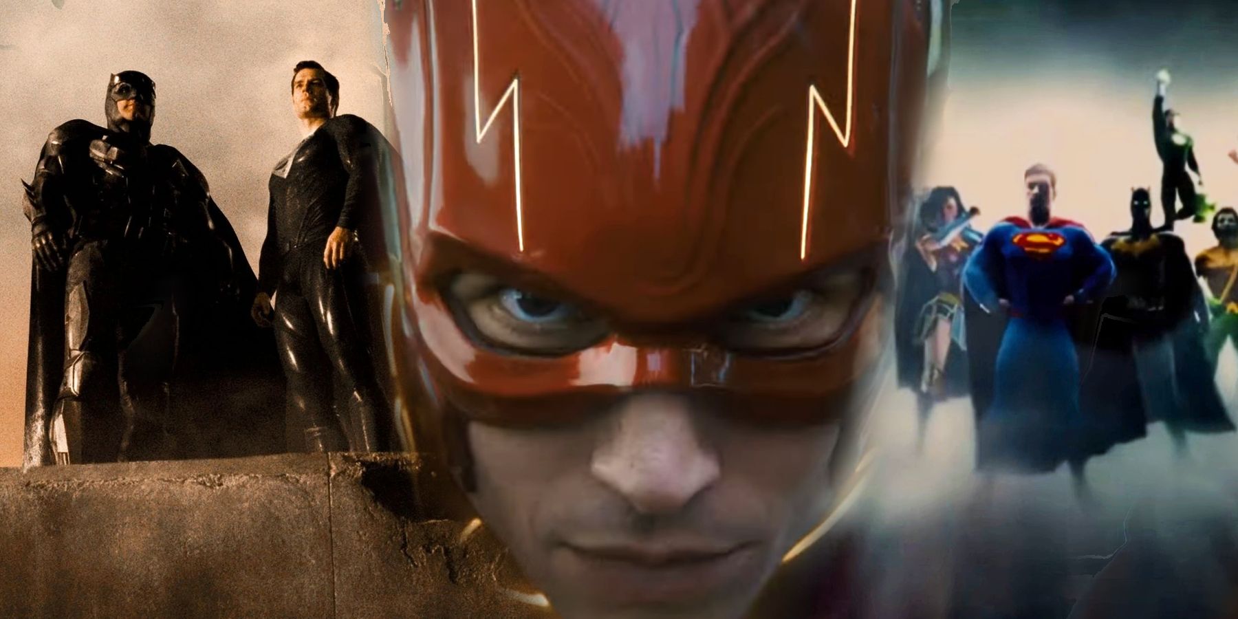 Split Image: Superman and Batman stand on a ledge in Justice League; Ezra Miller as the Flash running toward camera; DCEU intro with DC superheroes