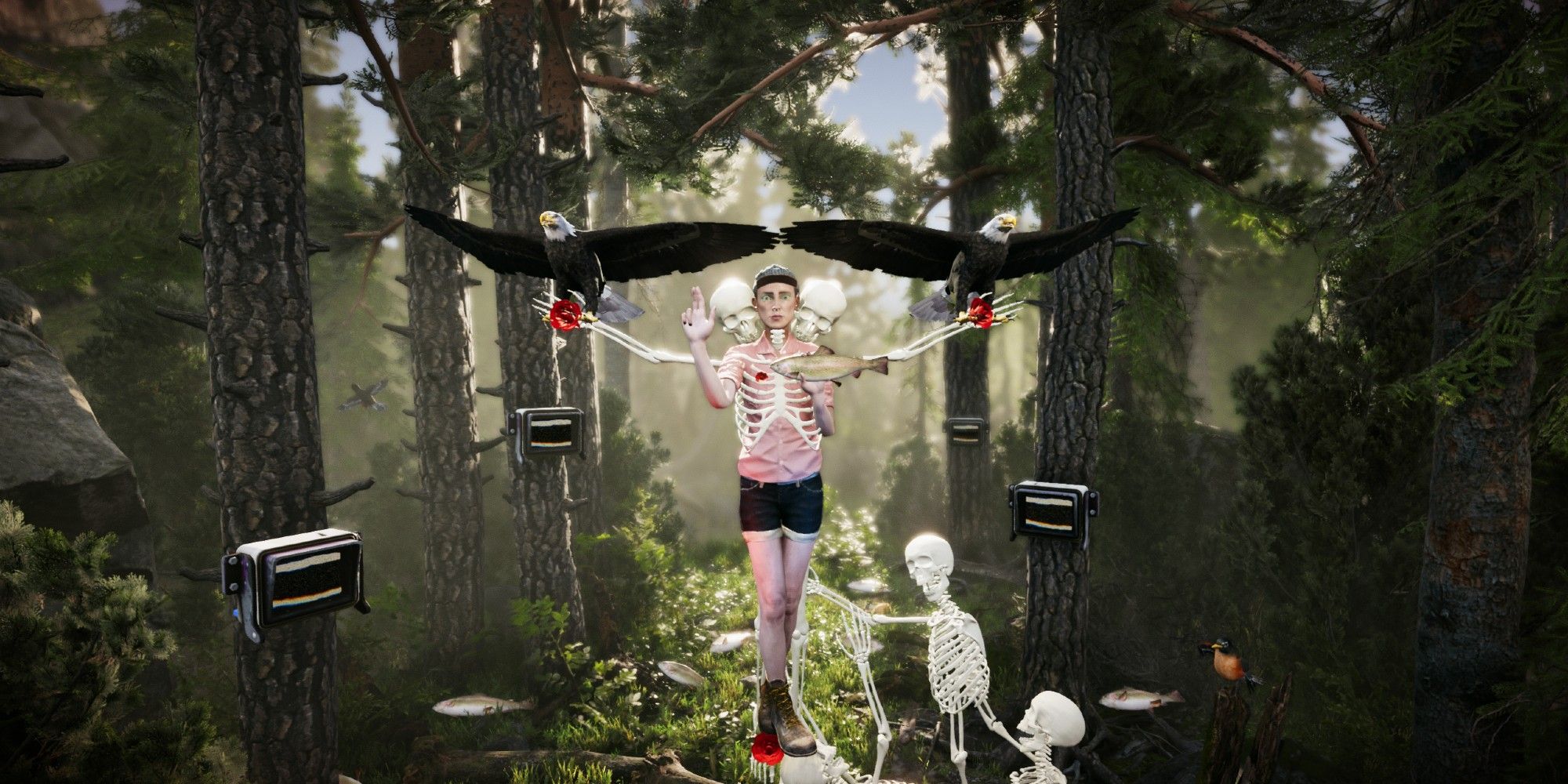 The Forest Cathedral Key Art showing the protagonist in a forest surrounded by skeletons and eagles, with TV screens on the trees