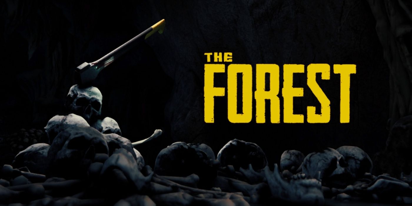 L'art promotionnel de la forêt avec le logo et une hache enterrée dans un crâne et un tas d'autres ossements humains.