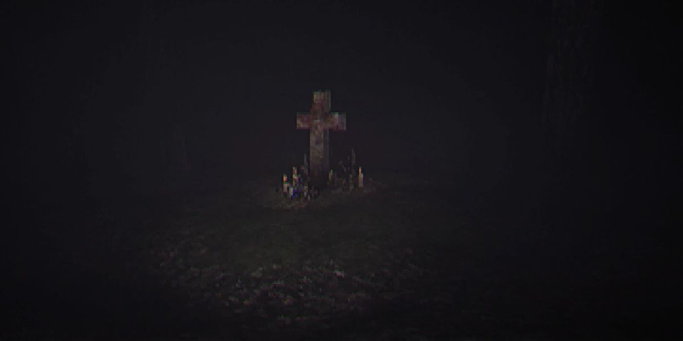 The House in the Woods: a burial plot with a crucifix sits in the middle of a dark screen, ominously beckoning you to approach