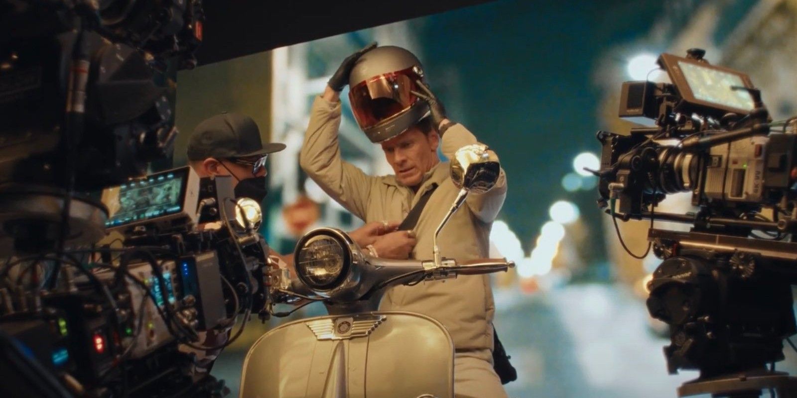 The Killer Michael Fassbender BTS filming scene on a motorbike directed by David Fincher