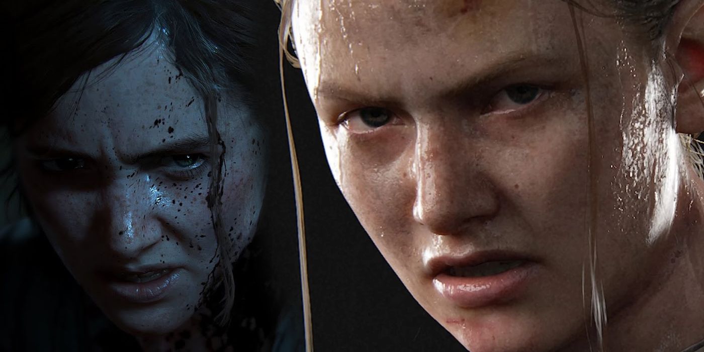 Split Image where Ellie glowers at the camera with her face covered in blood and Abby stares hatefully into the distance in The Last of Us 2