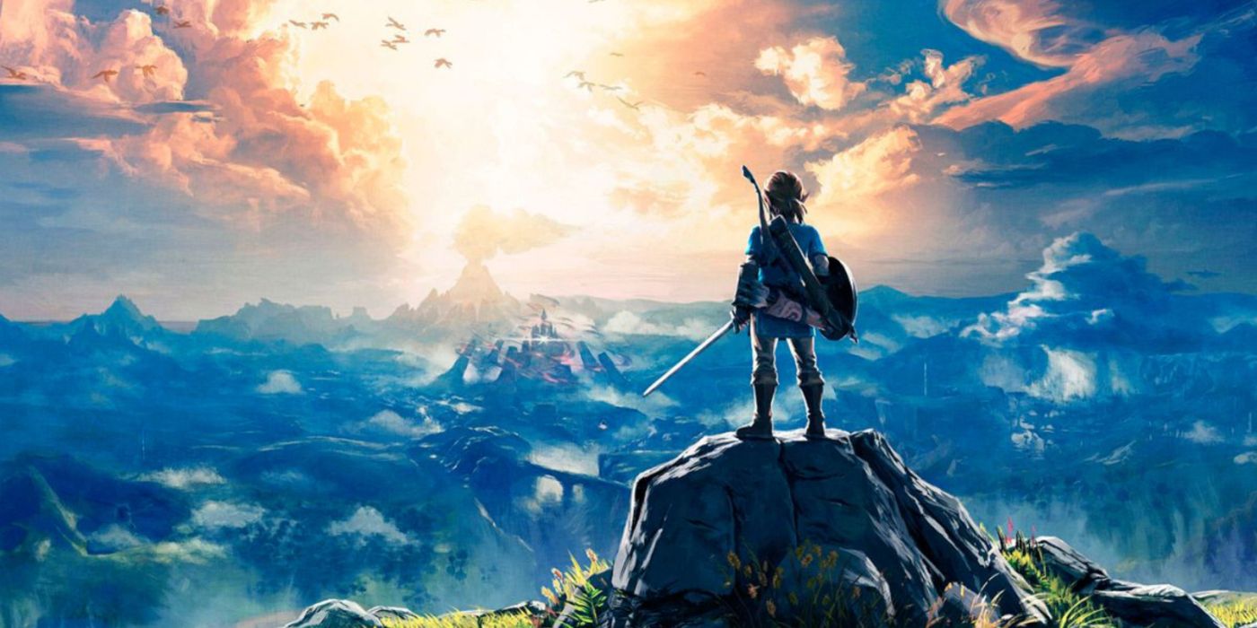 Link com vista para a vasta terra de Hyrule na arte principal de Breath of the Wild.