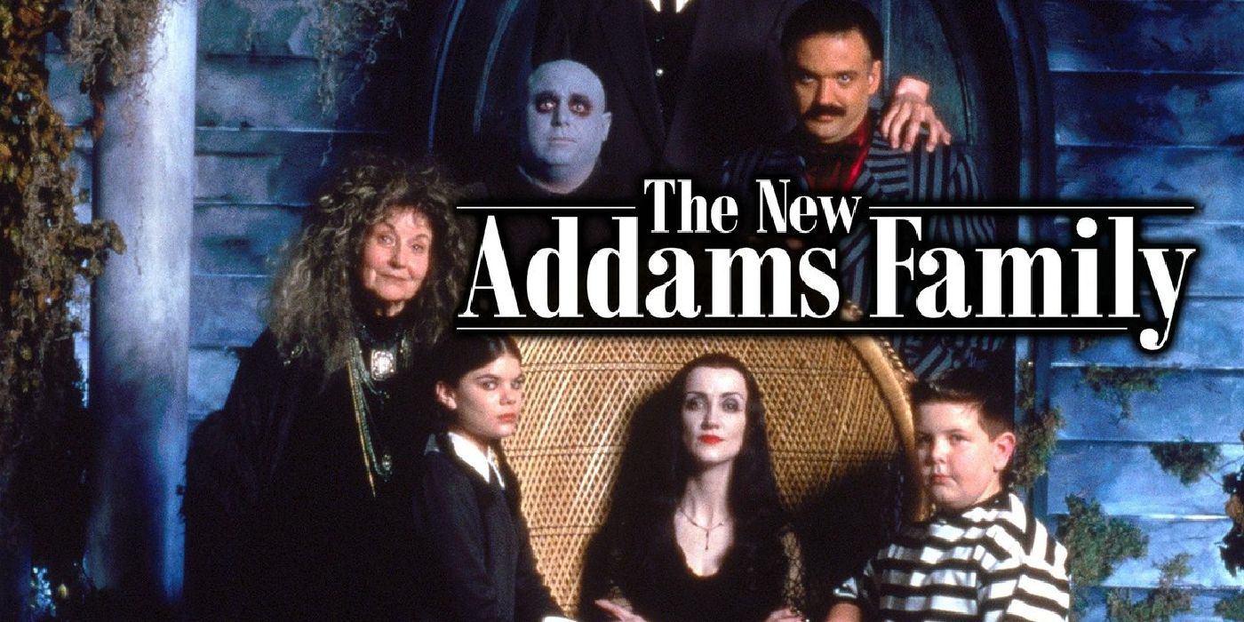 The cast of the new Addams Family sits outside their home on a poster for the series
