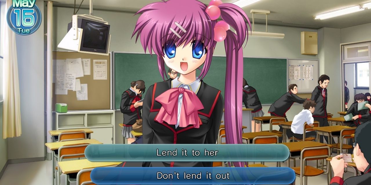 The player is presented with a choice in Little Busters while facing a high school girl with pink hair on screen.