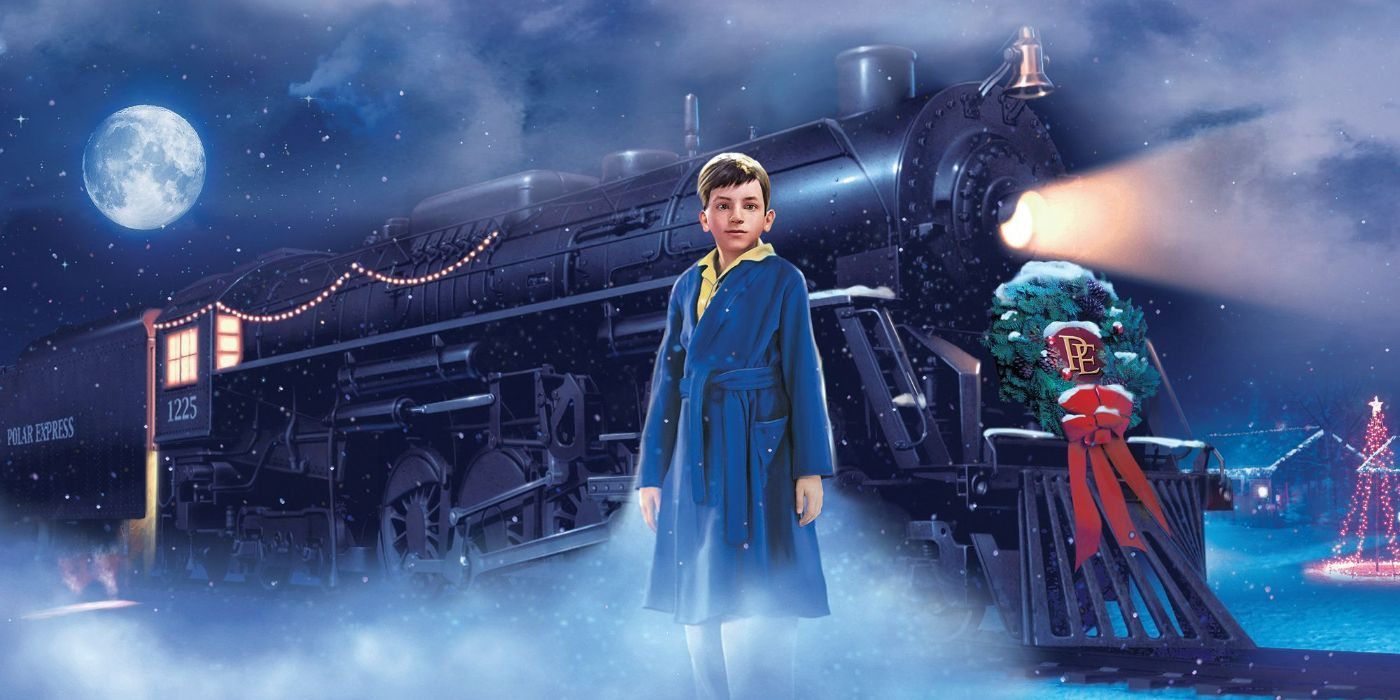 Um menino parado na frente de um trem no Polar Express. 