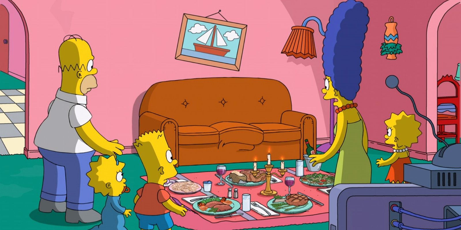 A mordaça do sofá dos Simpsons toda a família encontra o jantar preparado no sofá