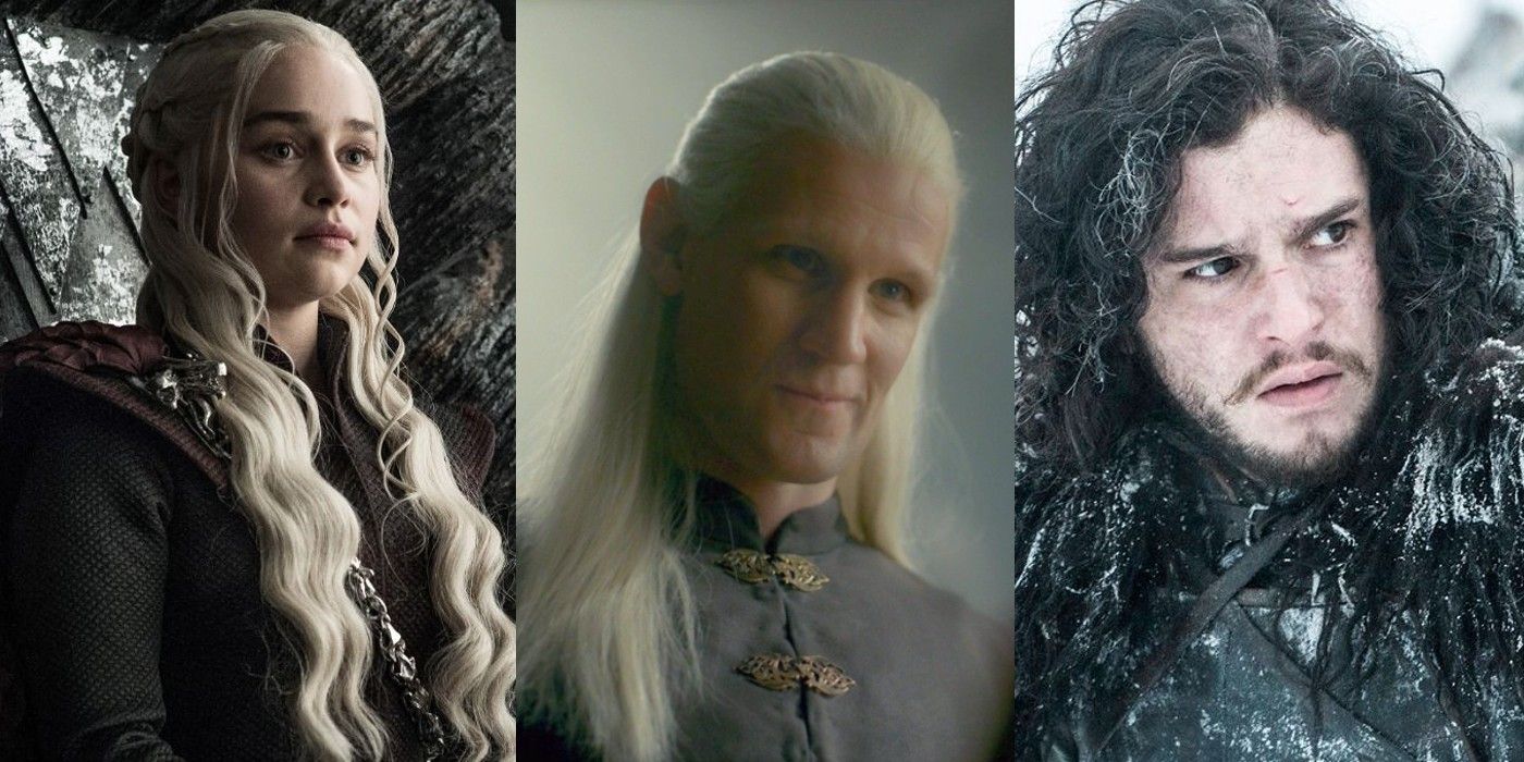 A split image of Daenerys, Daemon, and Jon from Game of Thrones and House of the Dragon