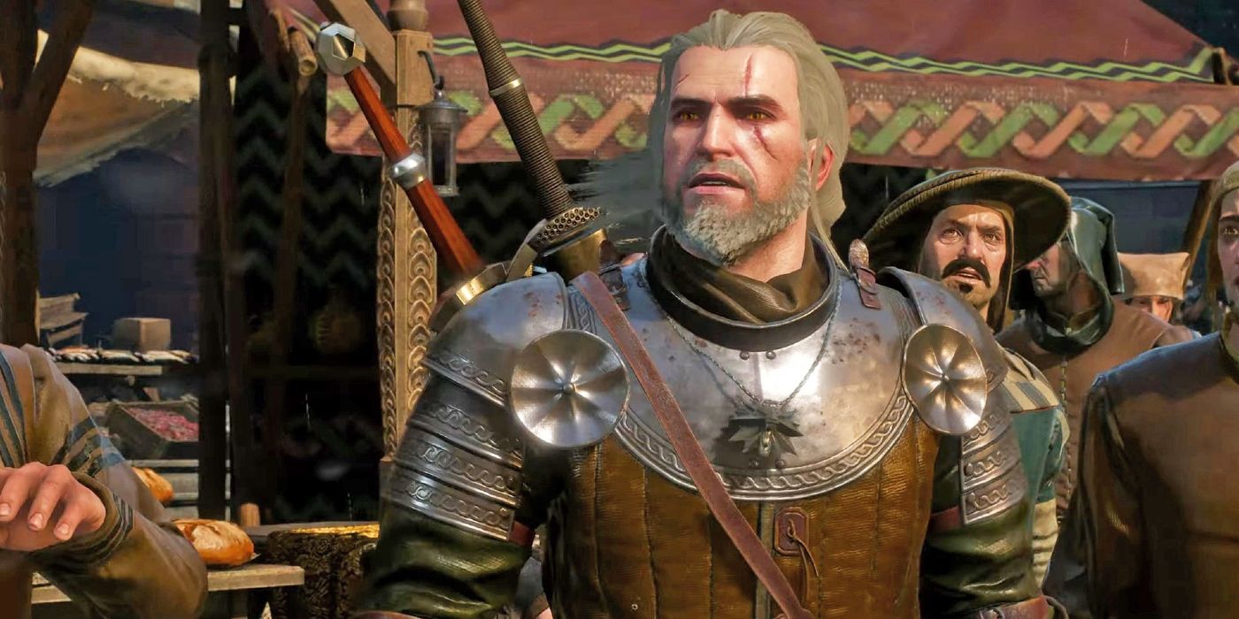 Imagem de um Geralt angustiado cercado por vários cidadãos de Novigrad.
