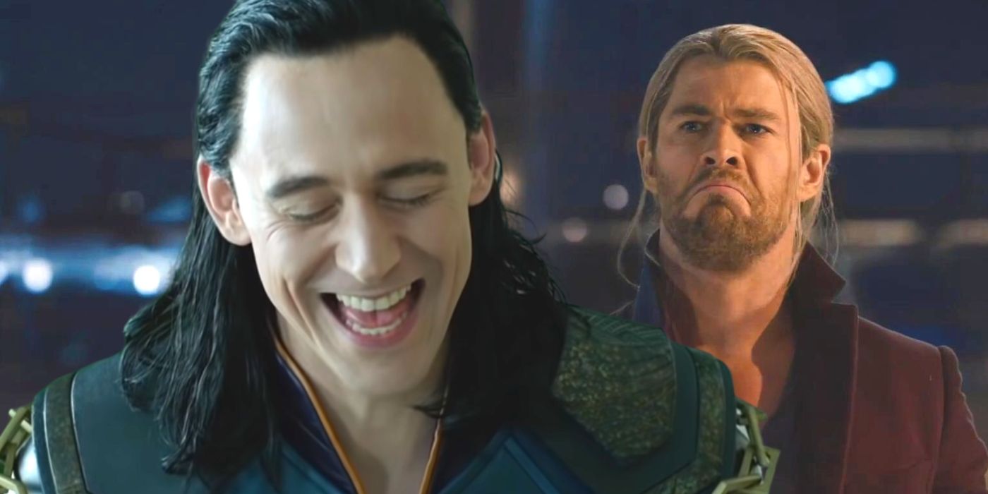 Tom Hiddleston's Loki laughing in front of a disgruntled Chris Hemsworth's Thor.