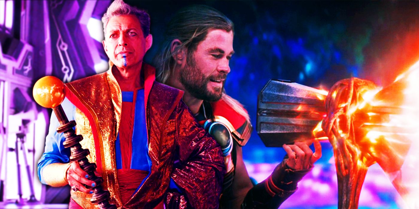 Jeff Goldblum as Grandmaster and Chris Hemsworth as Thor in Thor Ragnarok and Thor Love and Thunder