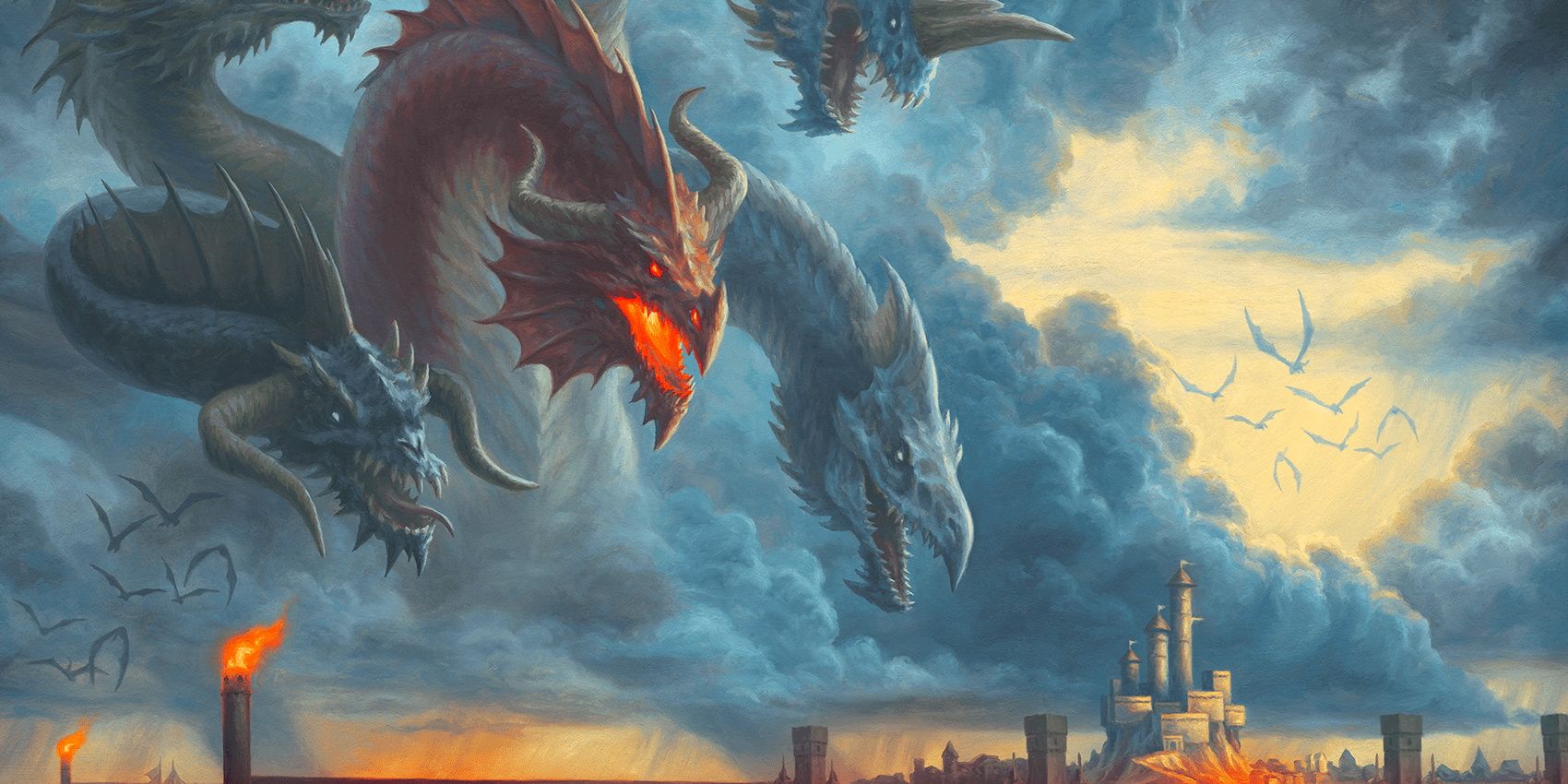 Tiamat, un énorme dragon à cinq têtes émergeant des nuages, attaque un château dans la campagne Dragonlance pour Dungeon & Dragons.