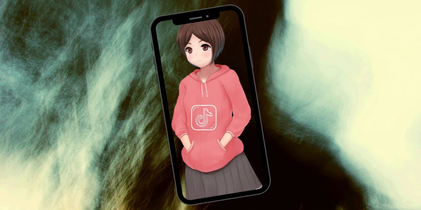 Phone displaying a Manga character with a TikTok logo on shirt. The graphic is set in front of a creepy paranormal background.