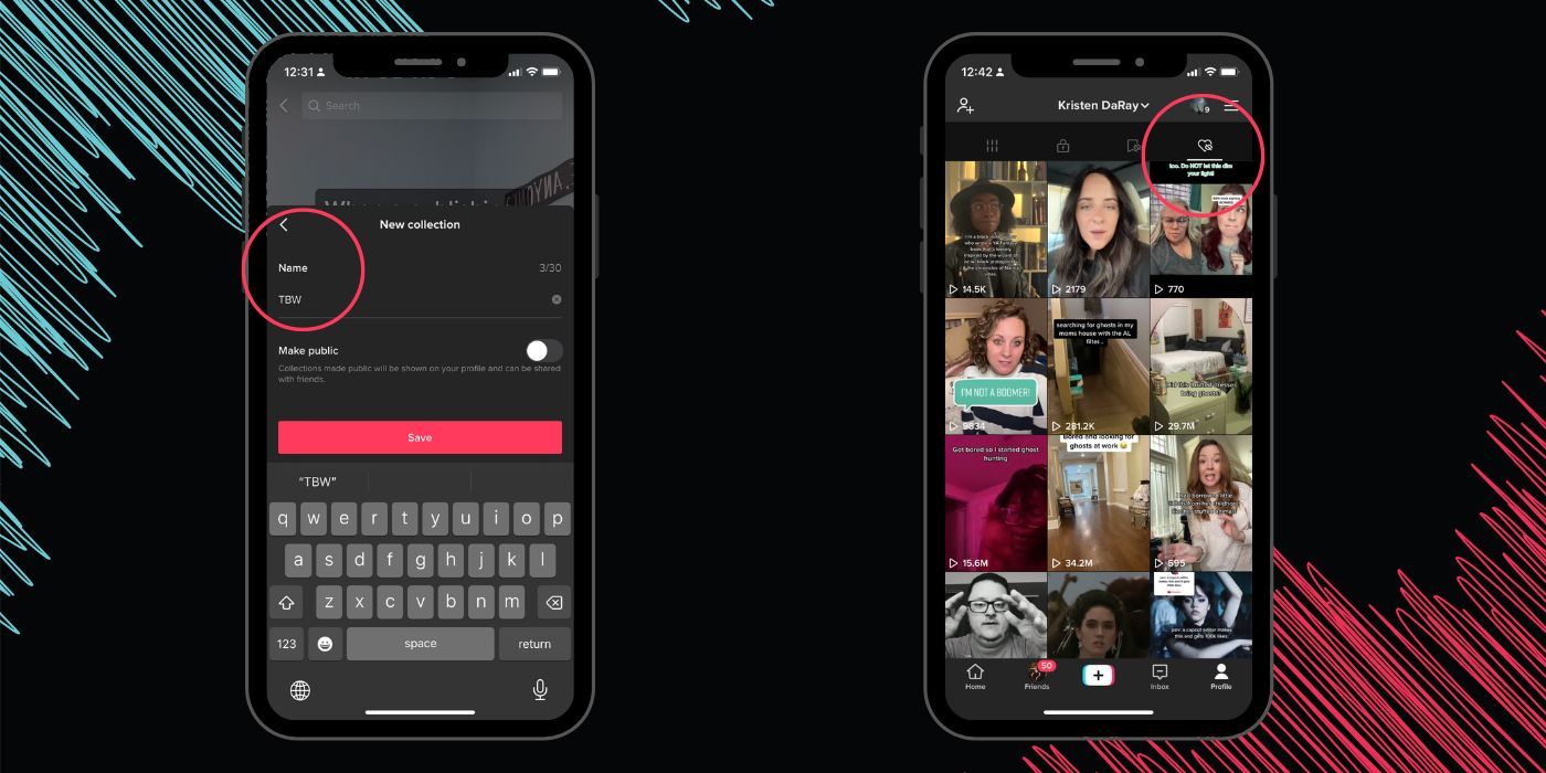 Two phones displaying TikTok. Left Phone features a new collections being created called TBW. Right Phone features the profile page with the Like tab open.