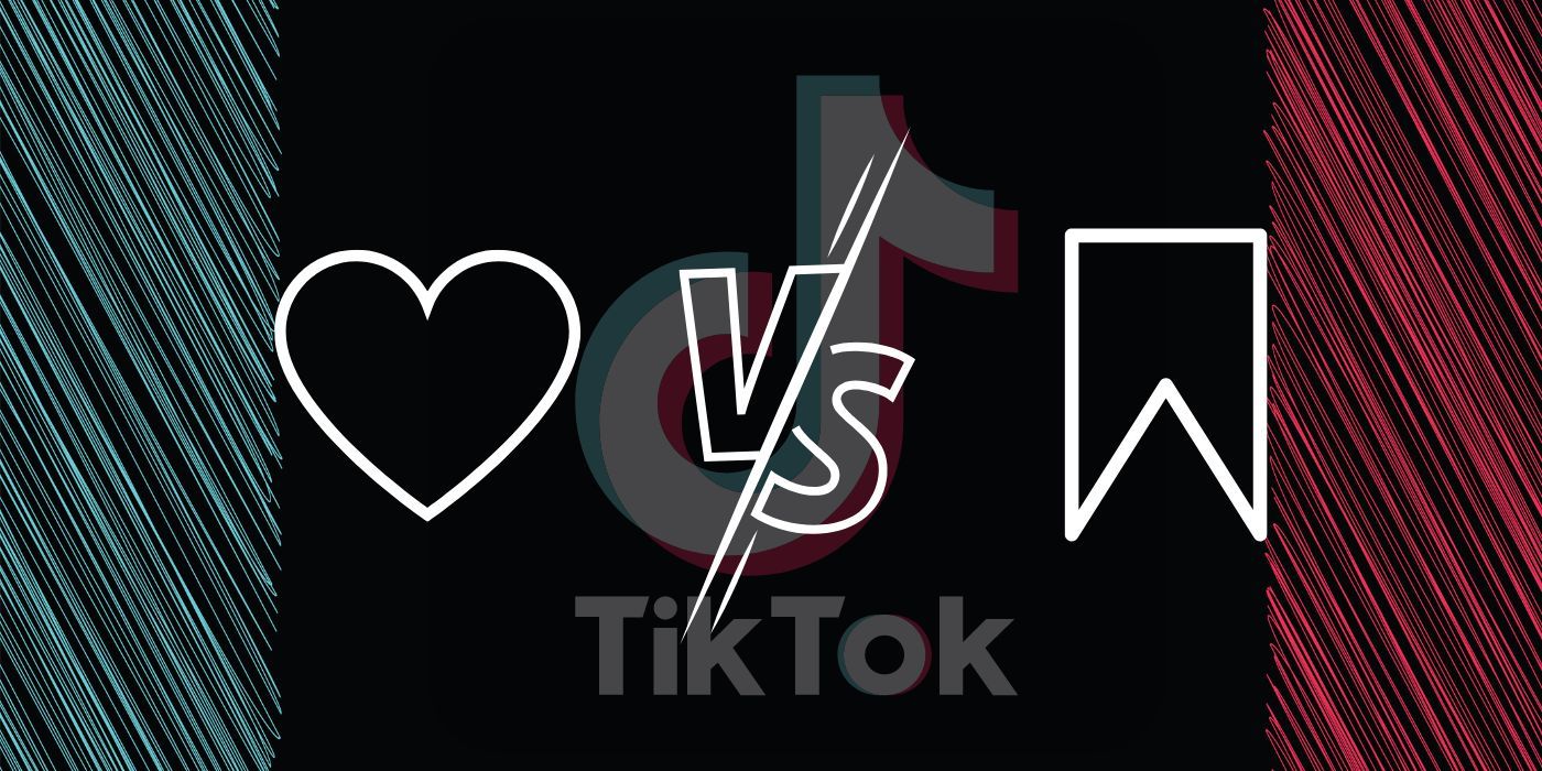 TikTok icon in background with the Like button VS Favorite button graphic overlayed.