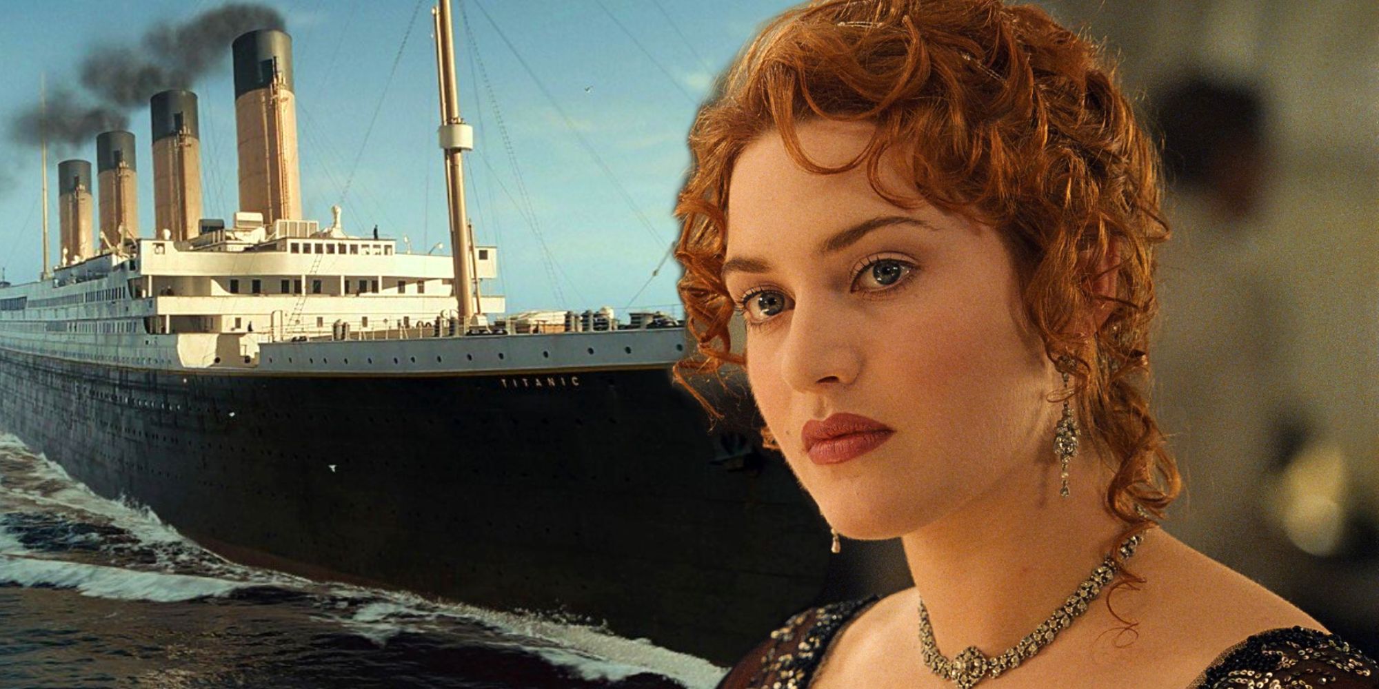 Kate Winslet como Rose no Titanic ao lado de Titanic navegando 