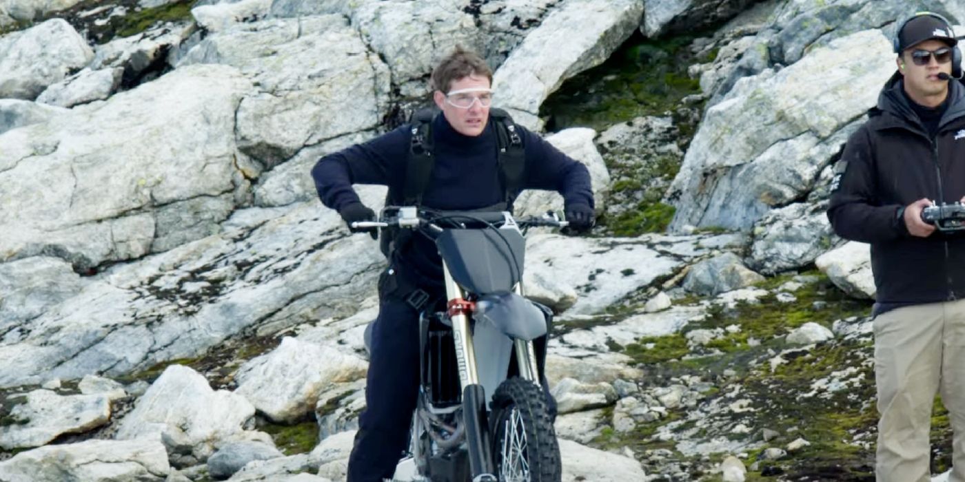 Tom Cruise on a motorcycle in Mission Impossible 7.