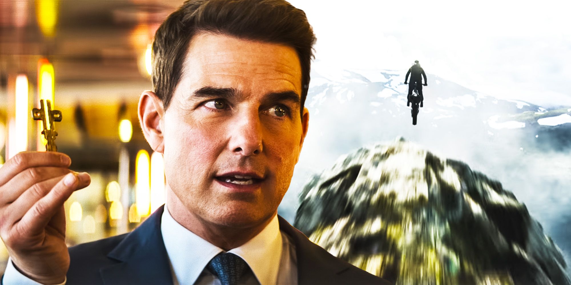 Tom Cruise in mission impossible dead reckoning driving motorcycle of cliff stunt
