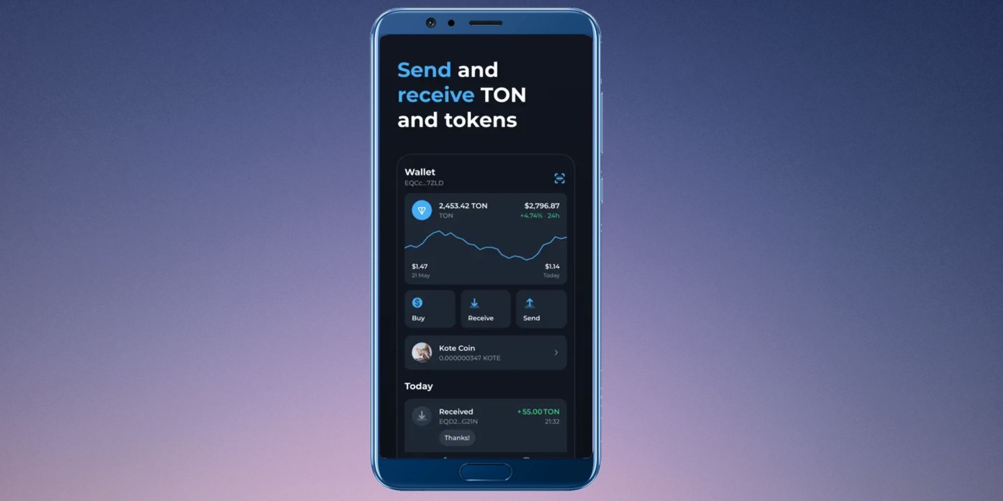 Tonkeeper wallet screenshot on a phone&rsquo;s screen placed over a blue gradient background