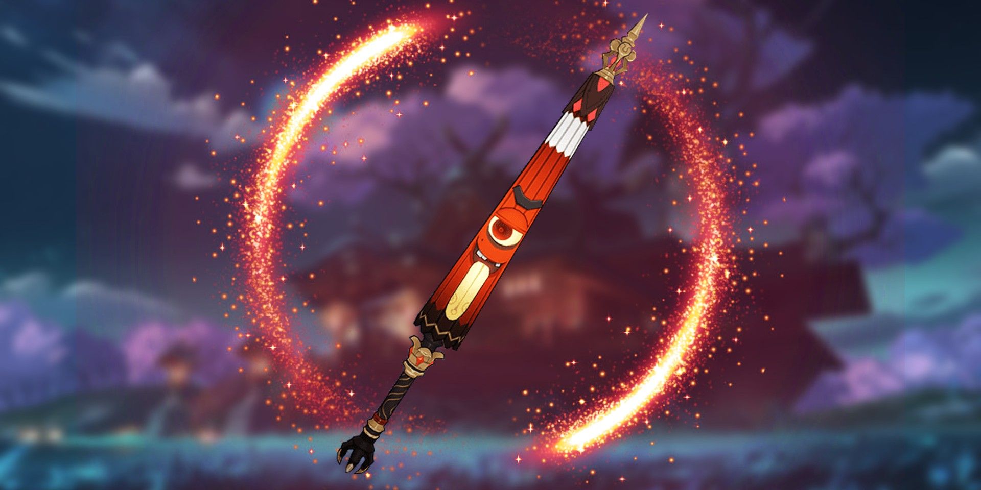 The Toukabou Shigure sword from Genshin Impact is placed in front of a red light visual effect, with a shrine from Inazuma in the background.