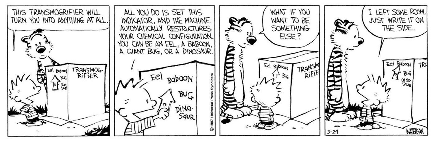 Calvin builds a transformation box in Calvin and Hobbes Comic