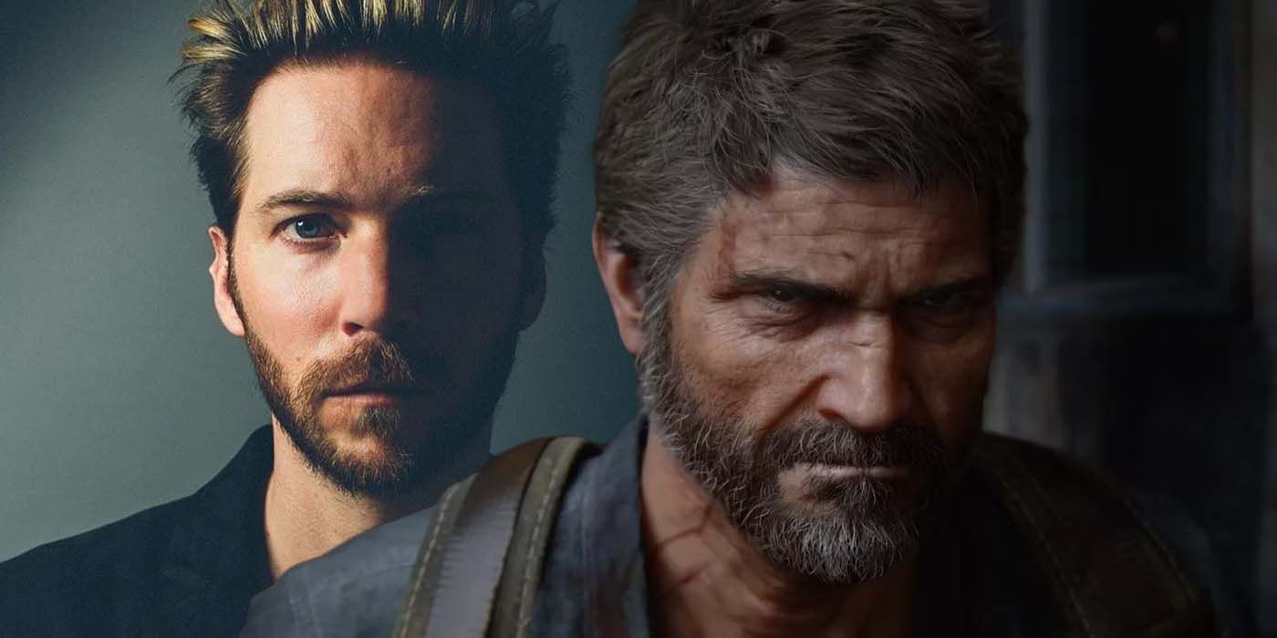 A headshot of Troy Baker next to one of his The Last of Us character, Joel.